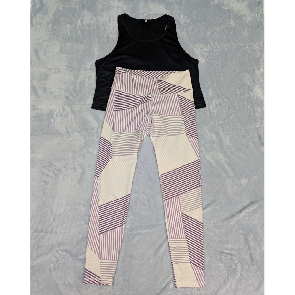 Womens Large 2pc Activewear Bundle Tank Geometric Striped Leggings Athleisure